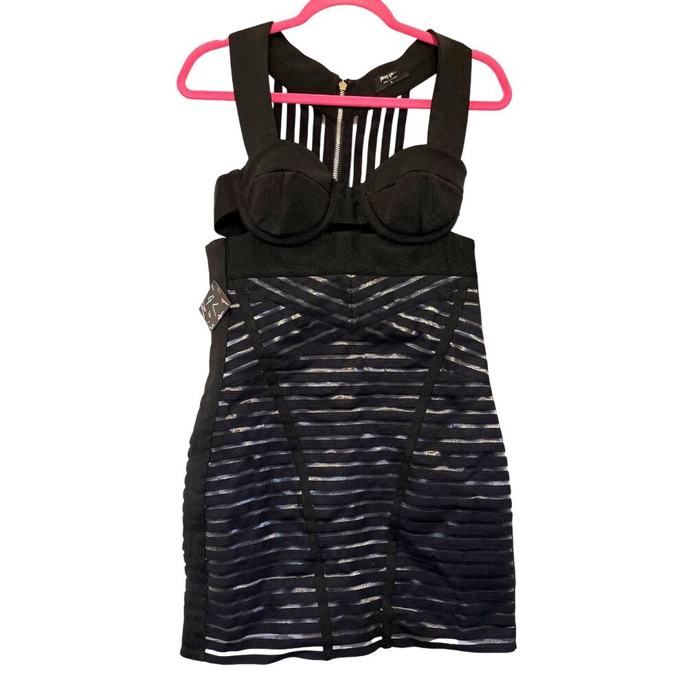 Nasty Gal Womens Black Bustier Dress With Striped Mesh Cutouts & Silver Zipper